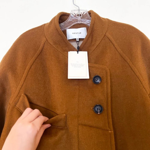 GESTUZ WolinaGZ Wool Blend Brown Felt Asymmetric Designer Trench Coat XS/S NWT - Picture 5 of 15